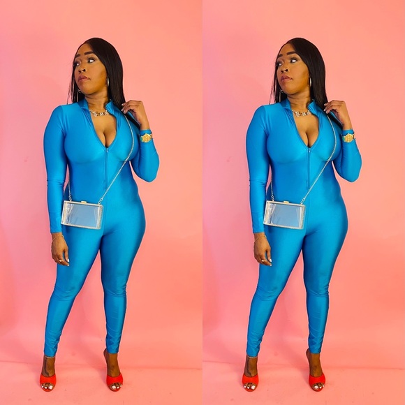 J. ELISE BOUTIQUE NEW TRENDY SHINY TURQUOISE FRONT ZIPPER CATSUIT JUMPSUIT - Picture 4 of 5